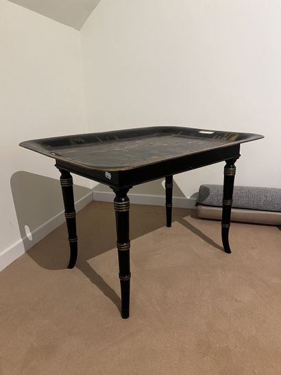 Tea table, black-lacquered metal top with...