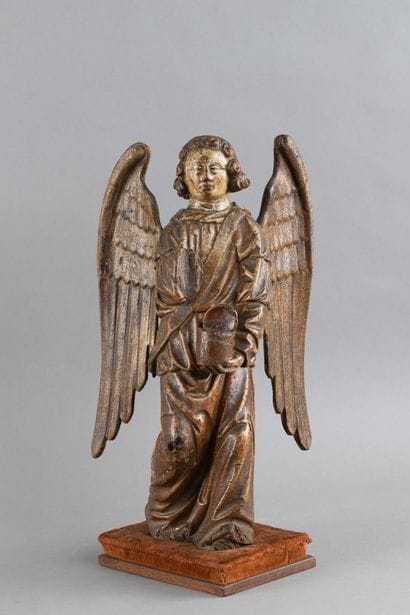 A myrrh-bearing angel carved from wood, polychromed,...