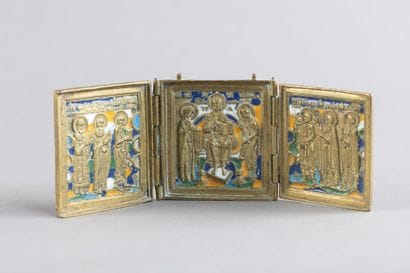 A triptych travel icon depicting the Deesis...