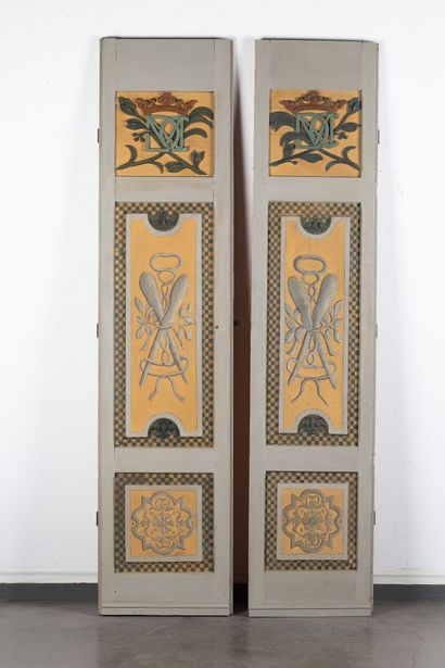 Two three-panel doors, partially re-lacquered...