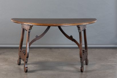 Walnut console table, lyre-shaped legs, half-moon...