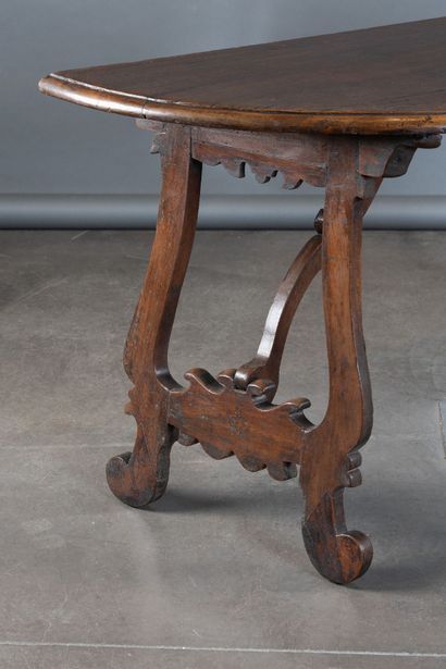 Walnut console table, lyre-shaped legs, half-moon...