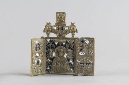 A triptych travel icon depicting, in the...