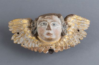 Head of a winged cherub, carved from oak,...