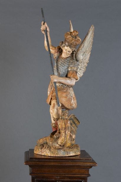 Carved, polychrome, and gilded wooden statue...