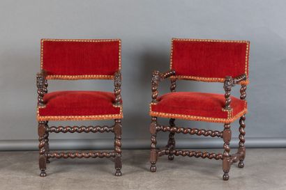 Pair of armchairs in carved and turned walnut,...