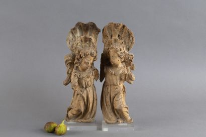 Pair of carved wooden angels (poplar?) mounted...