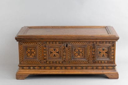 Walnut chest with inlaid latticework and...