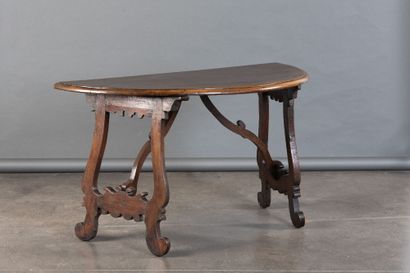 Walnut console table, lyre-shaped legs, half-moon...