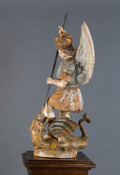 Carved, polychrome, and gilded wooden statue...