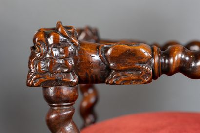 Pair of armchairs in carved and turned walnut,...