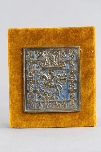 Travel icon depicting Saint Demeter on horseback...