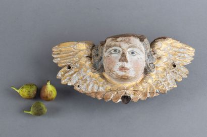 Head of a winged cherub, carved from oak,...