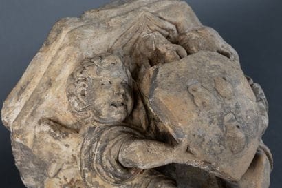 Carved limestone console with traces of polychromy,...