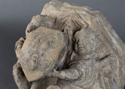 Carved limestone console with traces of polychromy,...
