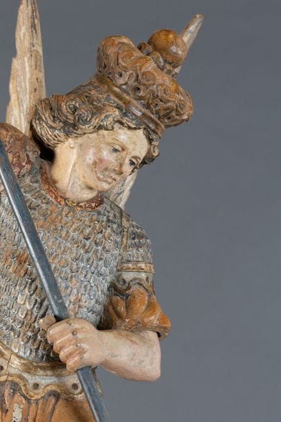 Carved, polychrome, and gilded wooden statue...