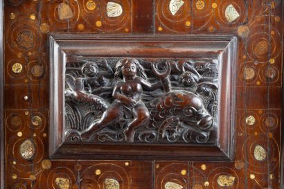 Carved walnut panel depicting a woman riding...