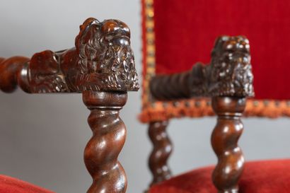 Pair of armchairs in carved and turned walnut,...