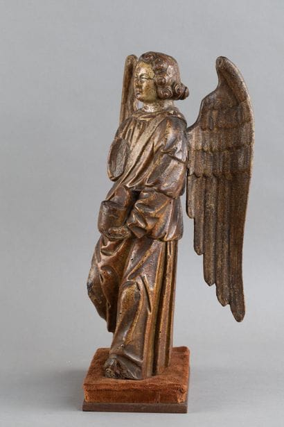 A myrrh-bearing angel carved from wood, polychromed,...