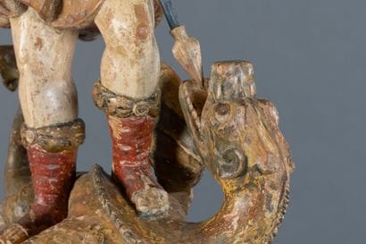Carved, polychrome, and gilded wooden statue...