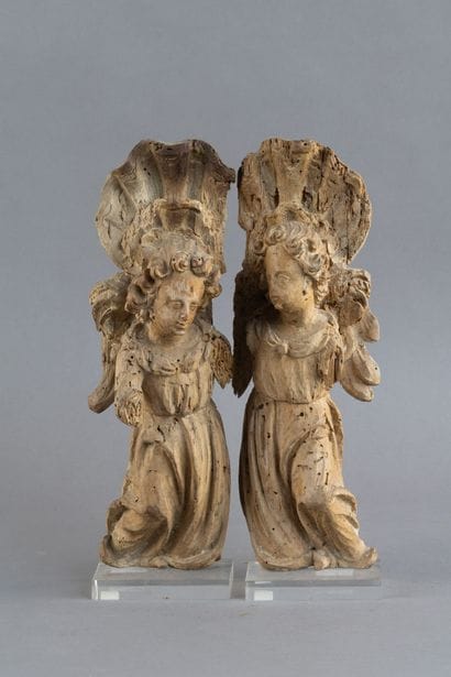 Pair of carved wooden angels (poplar?) mounted...