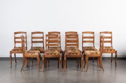 Set of ten mahogany chairs, with slatted...