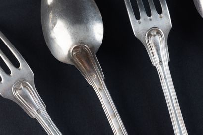 SIX SOUP SPOONS AND SIX TABLE FORKS in silver...