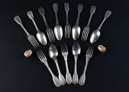 SIX SOUP SPOONS AND SIX TABLE FORKS in silver...