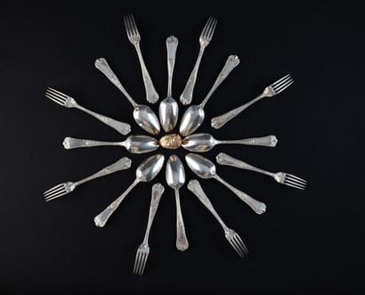 SET OF EIGHT SILVER (950) DESSERT SPOONS.
PARIS,...