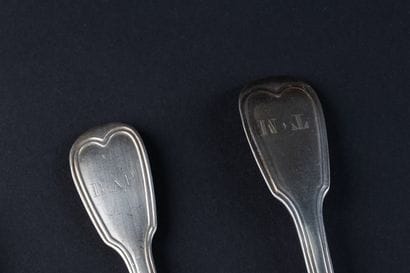 SIX SOUP SPOONS AND SIX TABLE FORKS in silver...
