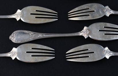 SET OF SIX SILVER (800) CAKE FORKS. 
GERMANY,...