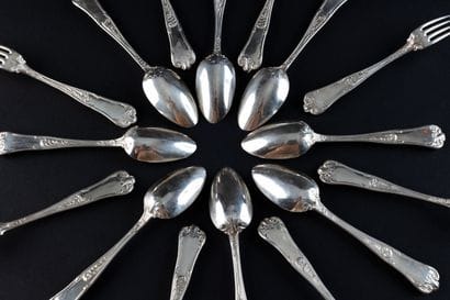 SET OF EIGHT SILVER (950) DESSERT SPOONS.
PARIS,...