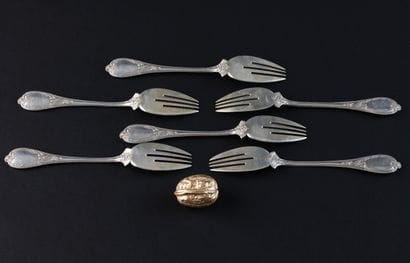 SET OF SIX SILVER (800) CAKE FORKS. 
GERMANY,...