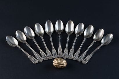 SET OF ELEVEN SILVER (800) TEA/COFFEE SPOONS.
PARIS,...