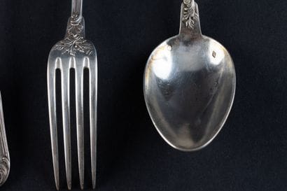 SET OF FIVE SILVER (950) DESSERT SPOONS....