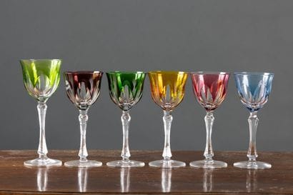 Set of six colored glasses, five marked 