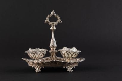 DOUBLE SALT SHAKER in silver (950). 
PARIS,...