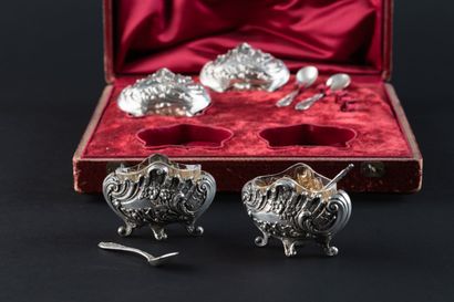 SET OF FOUR SALT SHAKERS AND FOUR SALT SPOONS...