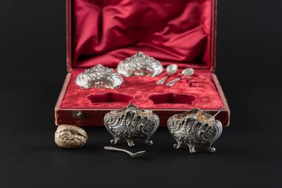 SET OF FOUR SALT SHAKERS AND FOUR SALT SPOONS...
