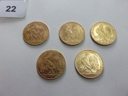 Lot de 5 x 20 Francs or Coq 1907 TTB à +