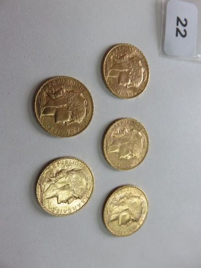Lot de 5 x 20 Francs or Coq 1907 TTB à +