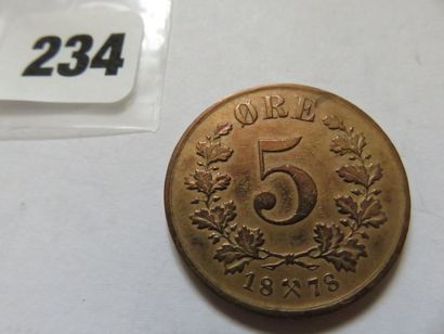 Norvège - 5 Ore 1878 (bronze, 500 000 ex.)...