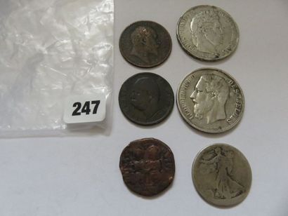 Lot de 6 monnaies diverses, dont 3 en argent...