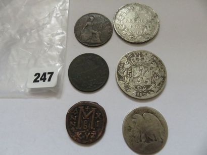 Lot de 6 monnaies diverses, dont 3 en argent...