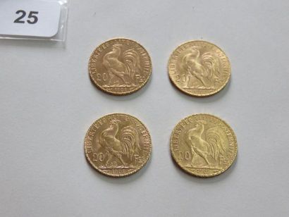 Lot de 4 x 20 Francs or Coq 1909 TTB+ à ...