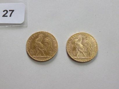 Lot de 2 x 20 Francs or Coq 1910 SUP