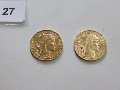 Lot de 2 x 20 Francs or Coq 1910 SUP