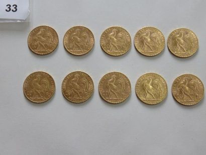 Lot de 10 x 20 Francs or Coq