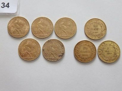 Lot de 8 x 20 Francs or (divers)