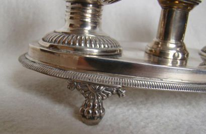 Saleron double, montures et plateau en argent....